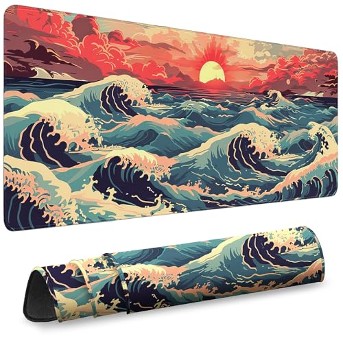 Gaming Desk Mat with Silky Smooth Surface & Exquisite Patterns,31.5x11.8 Inches Large-Sized Mouse Pad, Perfect for Extended Gaming,Work,and Home Office Decor (Japanese Waves 1) - color: Japanese Waves 1