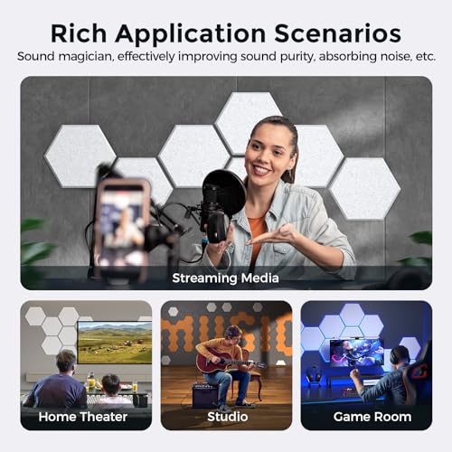 Self-Adhesive Acoustic Panels [390 lbs/yd³ Ultra-High Density], 2nd Generation Sound Absorbing Panel, Professional Level Sound Panel, Polyester Soundproof Foam [Medium Hexagon, Silver Grey] - color: Silver Grey, size: Medium Hexagon (12''x10''x0.4'')