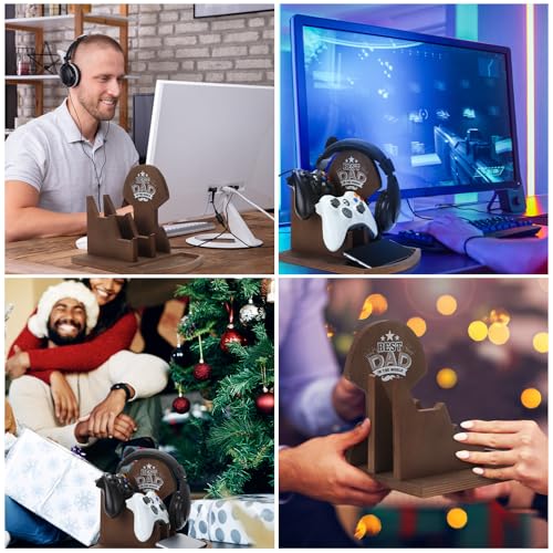 Blosssound Gamer Gifts for New Dad Wood Headphone Stand Wooden Controller and Headset Stand Gifts for Gamer Dad Father Birthday Gift Gaming Desk Accessories for Fathers Day Birthday Anniversary