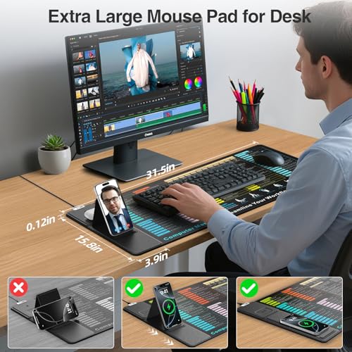Wireless Charging Mouse Pad with Foldable Phone Holder, 31.5"x15.8" XXL Excel Cheat Sheet Desk Mat for Laptop/Keyboard, Waterproof Ultra-Smooth Surface, Non-Slip Base - color: Black-31.5"x15.8"-Excel Shortcuts-Phone Holder