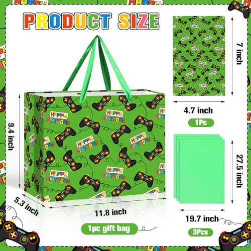 Large Video Game Birthday Gift Bag with Wrapping Tissue Paper and Greeting Card Green Gaming Controller Present Wrapping Bag for Boys Kids Teens Gamers Happy Birthday Party Supplies Gifts Son Grandson