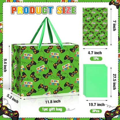 Large Video Game Birthday Gift Bag with Wrapping Tissue Paper and Greeting Card Green Gaming Controller Present Wrapping Bag for Boys Kids Teens Gamers Happy Birthday Party Supplies Gifts Son Grandson