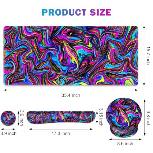 Gaming Mouse Pad, Large Desk Mat, Cute Desk Pad Protector, 4in1 XXL Mousepad + Keyboard Wrist Rest+Mouse Wrist Rest+Coaster Set with Ergonomic Desk Pad for Home Office Computer, Dazzling Bright Color - color: Dazzling Bright Color