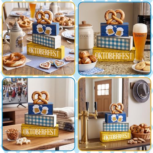 Yuntau 4 Pcs Oktoberfest Table Decorations Wooden Beer Tabletop Centerpiece Bavarian German Festival Tiered Tray Decor Rustic Oktoberfest Block Sign for Photo Prop Party - style: Oktoberfest