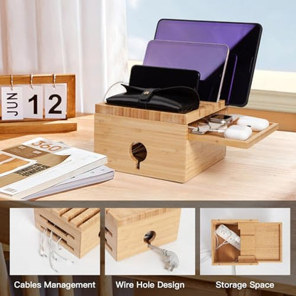Bamboo Charging Station Organizer, No USB Charger and Cables | Nightstand Docking Station with Small Tray, Desktop Wood Charger Organizer, Compatible with Cell Phone, Tablet, Earphones - color: Natural bamboo color