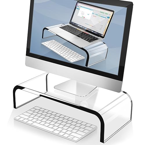 AboveTEK Acrylic Monitor Stand – Clear Monitor Riser & Computer Desk Stand, Premium Acrylic Laptop Stand for Home Office, PC TV Stand with Keyboard Storage Heavy Duty Desk Riser