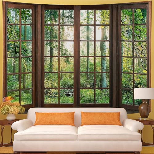 Aidatain Green Forest Natural Tapestry Window Scenery Wall Aesthetic Tapestry for Bedroom Flannel 100" L x 90" W Beach Blanket Living Dinning Room College Dorm Wall Hanging GTDJAT0094 - size: 100"L x 90"W