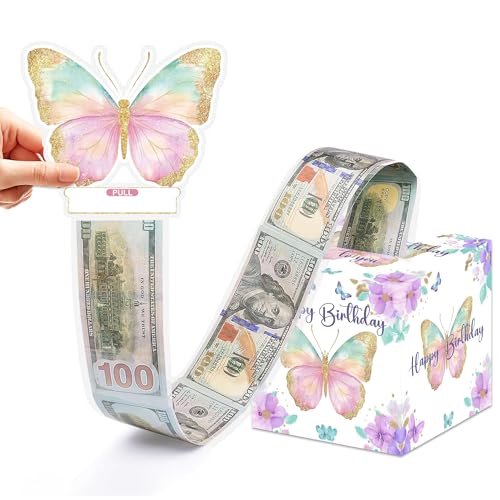 Butterfly Birthday Money Box for Cash Pull, Happy Birthday Boxes Gifts for Money Pull Out Card, 50Pcs Transparent Bags - color: Purple