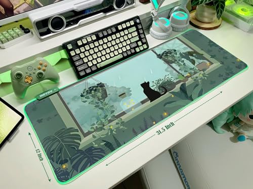 JMIYAV Black Kitten RGB Green Gaming Mouse Pad 31.5x12 Inch PC XL Large Glowing Led Light Up Desk Pad Non-Slip Rubber Base Computer Cute Mousepad Mat Desk Accessories Gaming Setup 31.5x12 Inch - color: G-black Kitten
