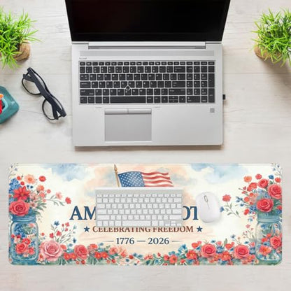 America 250 Gaming Mouse Pad Flowers Floral America Flag Large Gaming Mouse Mat with Stitched Edges,Non-Slip Waterproof Rubber Base Mous Mat 31.5x11.8 Inch - color: America 250, size: 31.5" x 11.8"