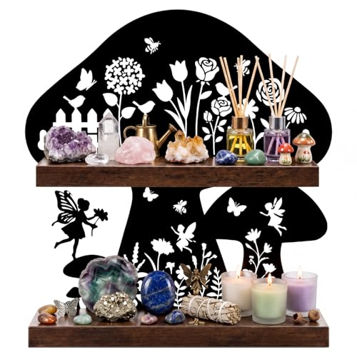 Moxweyeni Mushroom Wall Shelf – Rustic Wood Shelves with Metal Back Panel, Decor for Crystals, Essential Oils & Small Trinkets, Fairy Garden & Cottagecore Mushroom Wall Art Gift - style: Mushroom