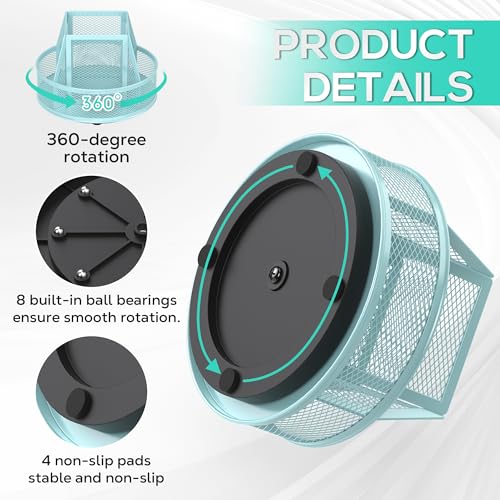YINGHUA Metal Mesh Desk Organizer with 5 Compartments and Rotating Pencil Holder Pen and Stationery Organizer for Office Home School Anti Slip Base Blue - color: Blue