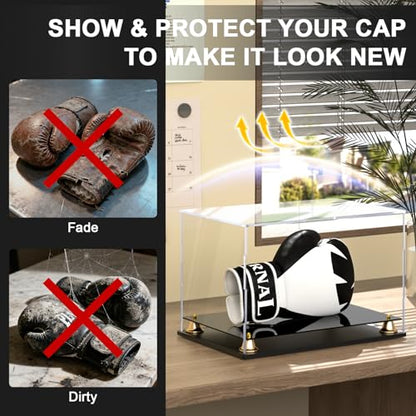 Boxing Glove Display Case, Clear Acrylic Display Box, Self-Assembly Full Size Baseball Glove Holder Showcase, Football Mitt Ball Display Case with Metal Bell Base (14.4x9.3x9.4 inch) - size: 14.4 x 9.3 x 9.4 inch
