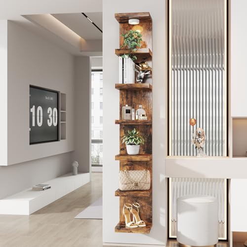 7-Tier Wall Shelf Unit with USB Rechargeable Led Light (Remote Controlled),Versatile Floating Display Shelves,Lack Style Wall Shelves for Bedroom,Living Room,Office Decor,Vanity-Rustic Brown - color: Rustic Brown, size: 7 Tier