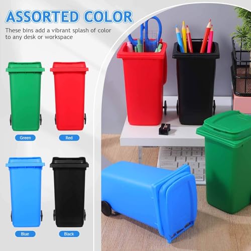 Mini Trash Can Pen Holder with Lid and Wheels for Desk 4Pcs Desk Trash Can Assorted Colors Plastic Desktop Organizer for Home Office Small Item Storage