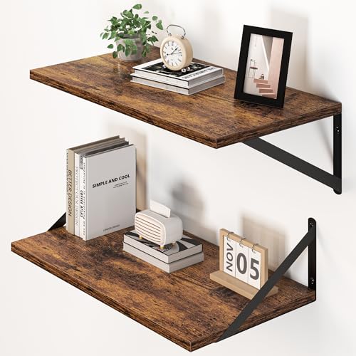 Heimlove Deep Floating Shelves for Wall, 20W x 12D Wood Wall Shelves Set of 2, Wide Floating Bookshelf for Living Room, Kitchen, Office, Bedroom and Decor Storage, with Metal Bracket - Rustic Brown - color: Rustic Brown With Black Metal Bracket, size: 20w