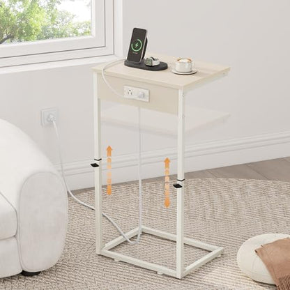 Vagusicc C Shaped End Table with Charging Station, Adjustable Height Side Table for Couch, Small Side Table, 33.2'' Tall Couch Tables that Slide Under, Tv Tray End Table for Living Room, Beige - color: Beige (1 Pack), style: With Plug