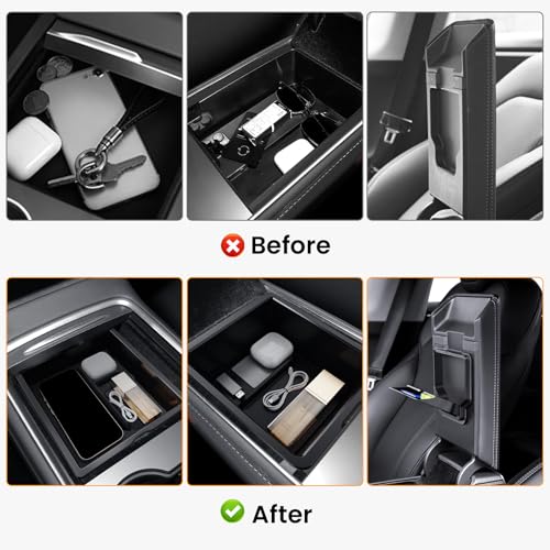 BANKKY 6PCS Center Console Organizer Tray for Tesla Model 3 Highland 2024 2025 Car Accessories with Armrest Storage Tray, Hidden Storage Box, Cup Holder Insert, Camera Privacy Cover, Glove Box Hook - size: 6PCS (24-26) Model3 Black