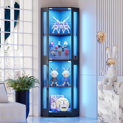 BROTTAR 65" Corner Glass Display Cabinet with LED Lights, 4-Tier Showcase Display Case with Glass Doors & Human Body Sensor for Collectibles, Liquor, Black - color: Black