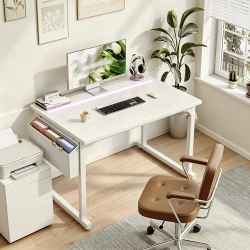 DurayLoly 32" Computer Desk with Waterproof LED Lights,Bedroom Study Desk for Teens, Dorm Room Essentials,Headphone Hook&Storage Bag for Small Spaces,Sturdy Metal Frame,White - color: White, size: 32 Inch