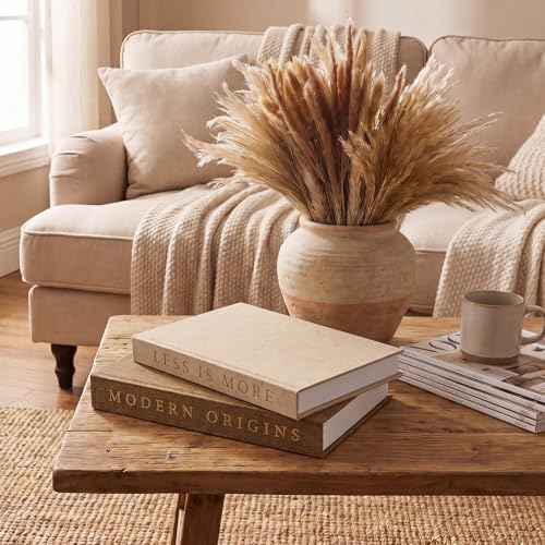Junkin Set of 2 Decorative Books for Home Decor with 60 Pampas Grass Aesthetic Linen Fake/Faux Books Hidden Storage Boxes Modern Farmhouse Bookshelf Decor for Home Coffee Table Shelf Mantel
