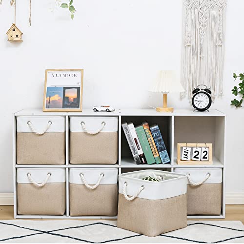 MidmmVick 11 x 11 Inch Cube Storage Bins, 6 Pack Large Collapsible Fabric Storage Bin with Ropes, Foldable Storage Cubes for Home, Office,Closet, Clothes, Toys Organizer (White & Beige-11"x11"x11") - color: White & Beige-11"x11"x11"