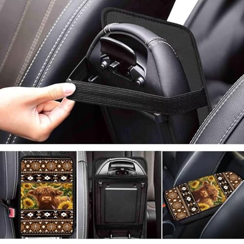 Wanyint Auto Center Console Pad, Easy to Install Armrest Cover, Car Accessories Fit Most Vehicles, SUV, Truck, Vans Sedans, Aztec Brown Highland Cow Sunflower - color: Aztec Brown Highland Cow Sunflower