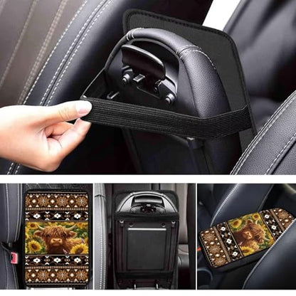 Wanyint Auto Center Console Pad, Easy to Install Armrest Cover, Car Accessories Fit Most Vehicles, SUV, Truck, Vans Sedans, Aztec Brown Highland Cow Sunflower - color: Aztec Brown Highland Cow Sunflower