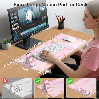 Wireless Charging Mouse Pad with Foldable Phone Holder, 31.5"x15.8" Large Desk Mat for Laptop/Keyboard, Waterproof Ultra-Smooth Surface, Non-Slip Base, Pink Marble - color: Pink Marble-31.5"x15.8"-Phone Holder