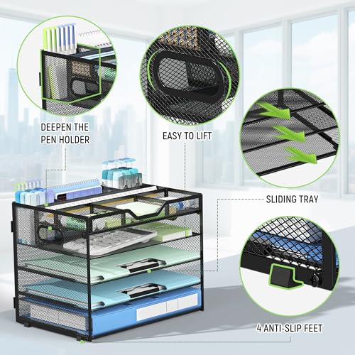 Docnest 5 Tier Mesh Desk Organizer with Adjustable Compartments - Stackable Letter Tray with Built-in Pen Holder & Handles - Desktop File Storage for Office, Home, School Supplies - Black - color: Black