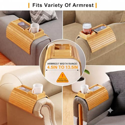 Bestjing Bamboo Sofa Armrest Tray - Couch Arm Tray with Detachable Couch Cup Holder - 2 in 1 Anti-Slip Foldable Sofa Armchair Caddy Table for Drinks Cellphone TV Remote Snacks - color: Bamboo, size: 16.3" x 13.3" x 2"