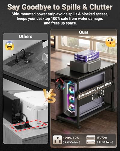 Armocity Computer Tower Stand - PC Stand for Floor with Power Outlets, PC Tower Stand for Carpet, PC Holder Under Desk with Wheels and Hooks, Gaming Console & Computer Cart, Carbon Fiber Black, 24"
