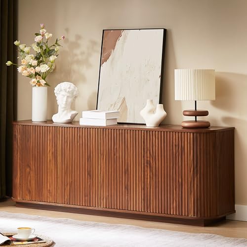 64" Modern TV Stand Sideboard Storage Cabinet, Wooden Curved TV Console with Sliding Doors, Wave Pattern Buffet Cabinet Wooden Vertical Striped Table for Kitchen/Bedroom/Entryway (Walnut) - color: Walnut