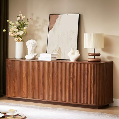 64" Modern TV Stand Sideboard Storage Cabinet, Wooden Curved TV Console with Sliding Doors, Wave Pattern Buffet Cabinet Wooden Vertical Striped Table for Kitchen/Bedroom/Entryway (Walnut) - color: Walnut
