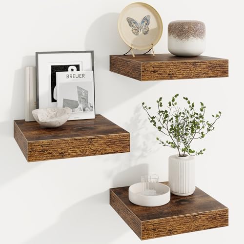 Square Floating Shelves for Wall, 10"W x 10"D x 1.25"H, 3 Packs Small Wall Mounted Engineered Wood Shelves with Invisible Brackets for Living Room, Bedroom, Bathroom, Kitchen Decor, Rustic Brown - color: Rustic Brown With Invisible Metal Brackets, size: 1