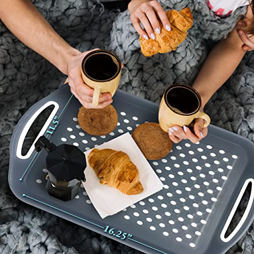 Rectangular Non Slip Serving Tray with Easy Grip Handles. Silicone Nubs On Non Skid Plastic Food Tray - Portable Dinner TV Trays for Eating On Couch- Anti Slip Lap Tray Breakfast in Bed Dinner Tray - color: Dark Gray