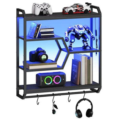 HOOBRO Gaming Floating Shelf with LED Lights, 27.5" LED Wall Mounted Shelf with Hanging Rod & 4 S-Hooks, 4-Tier Hanging Display Rack, for Living Room, Gaming Room, Black BB71DBJ01