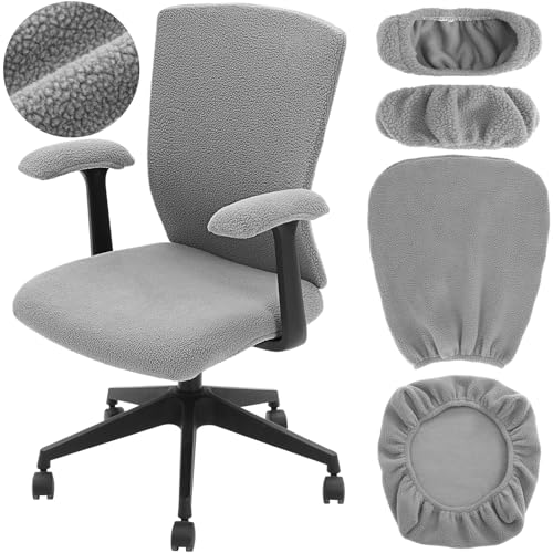 Tallew 4 Pcs Office Chair Covers Set Computer Universal Stretchable Protective Chair Seat Covers Desk Armrest Slipcovers Pads Office Cushion Backrest for Rotating(Grey,Sherpa) - color: Grey