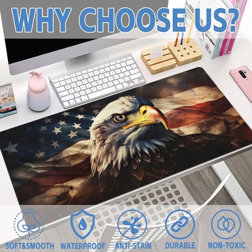 Desk Mat,American Bald Eagle Large Gaming Mouse Pad for Desk XXL,USA Flag Eagle Desk Pad,Extended Big Computer Keyboard Mouse Pad with Non-Slip Base and Stitched Edge 35.4"x15.7" - color: American Bald Eagle, size: XXL-35.4"x15.7"