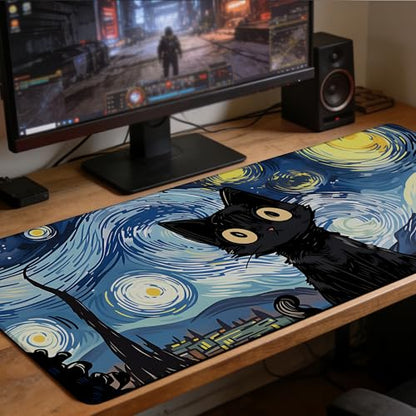 Black Cat Starry Night Gaming Mouse Pad with Stitched Edges Non-Slip Rubber Base Mouse Pad for Office,Computer,Keyboard,Laptop and Home Desk,31.5 x 11.8 Inch - color: Black Cat Starry Night, size: 11.8*31.5inch