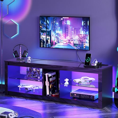 Bestier LED TV Stand for 55/60/65 Inch TV, Black High Gloss Entertainment Center with Power Outlet & Adjustable Shelves, Modern Gaming TV Console with Storage for Living Room Bedroom