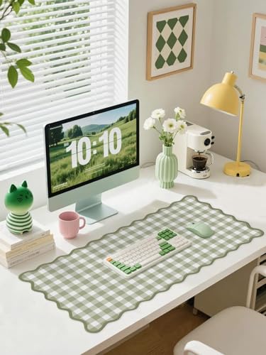 Scalloped‌ Green Checkered Desk Mat Cute Pastel Large Gaming Mouse Pad Gingham Kawaii Cottagecore ‌Vintage‌ Girly Keyboard Computer Mat Aesthetic Desk Pad Accessories Office Decor for Women - color: A1-green