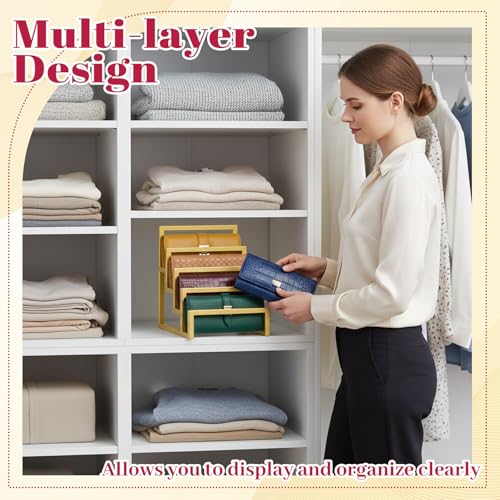 2 Pack Purse Organizer for Closet Display, 3 Layer and 4 Layer Gold Wallet Display Riser Stand Clutch Purse Organizer Metal Wallet Rack for Handbag Home Retail Boutique Store Supplies