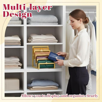 2 Pack Purse Organizer for Closet Display, 3 Layer and 4 Layer Gold Wallet Display Riser Stand Clutch Purse Organizer Metal Wallet Rack for Handbag Home Retail Boutique Store Supplies