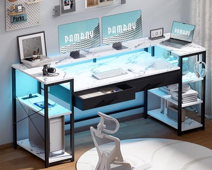 Pamray 58 Inch Computer Desk with Monitor Stand and Shelves Gaming Desk with LED Lights & Power Outlets PC Vanity Table with 2 Drawers for Home Office Marble - color: Marble