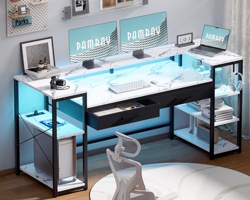 Pamray 58 Inch Computer Desk with Monitor Stand and Shelves Gaming Desk with LED Lights & Power Outlets PC Vanity Table with 2 Drawers for Home Office Marble - color: Marble