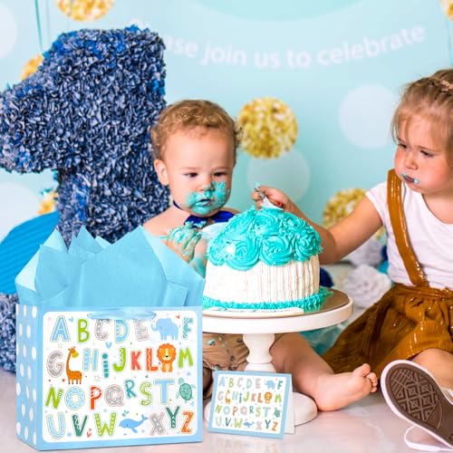Hooqict Large Baby Boy Girl Gift Bag with Tissue Paper and Greeting Card, Reusable Baby Shower or Happy Birthday Gift Wrap Bag with Handle for Parties - 11.8" x 9.4" x 5.4” - color: Baby