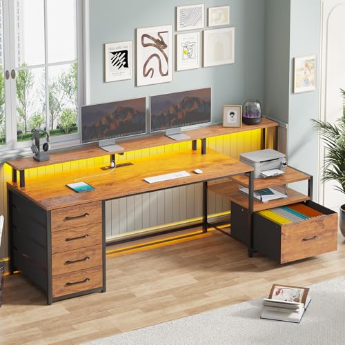 SEDETA Home Office Desk with File Drawer & Power Outlet, 66'' Computer Desk with 5 Drawer, Storage Shelves, Printer Cabinet and Monitor Shelf, Gaming Desk with Led Lights, Rustic Brown - color: Rustic Brown With Led Lights, size: 67X18.5inch