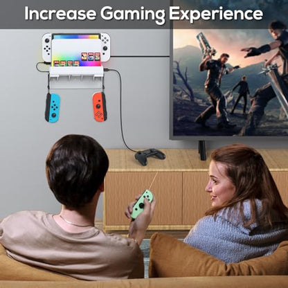 RGB Switch Wall Mount for Nintendo Switch/OLED, Games Console Wall Shelf with 7 Light Mode,Station Stand Holder for Switch Console, 7 Game Card Slots, 4 Controller Storage Hook for Switch Accessories - size: White