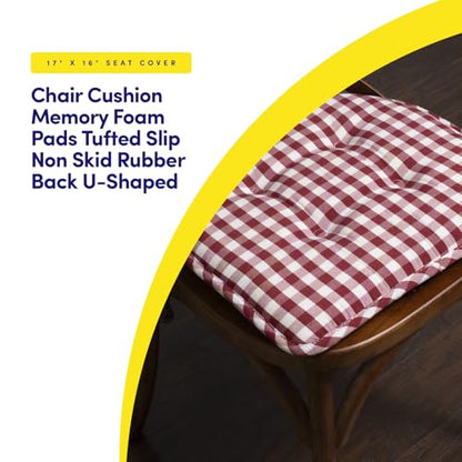 Sweet Home Collection Chair Cushion Memory Foam Pads Tufted Slip Non Skid Rubber Back U-Shaped 17" x 16" Seat Cover, 4 Count (Pack of 1), Checkered Wine/White - color: Checkered Wine/White, size: 4 Pack, style: Foam Pads